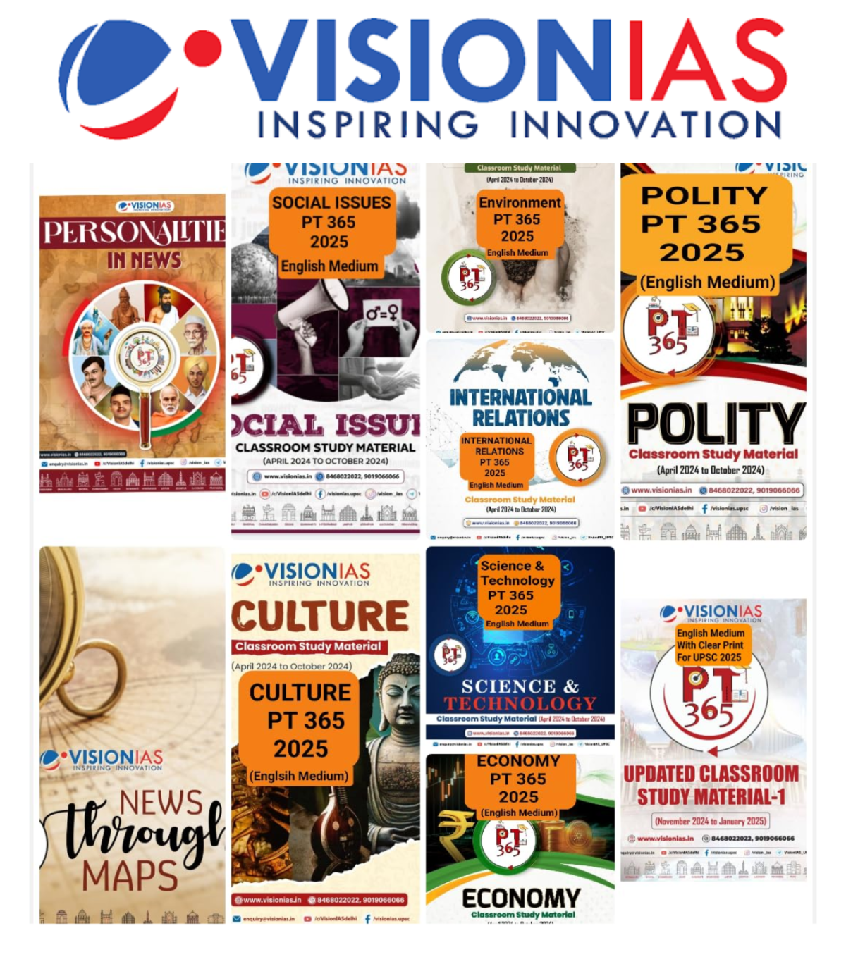 Vision IAS PT 365 Science & Technology, Social Issues, IR, Culture, Environment, Economy and Polity and News Through Maps, Personalities in News and Updated Part-1 2025 English Medium Photocopy (Pack of 10 Books)
